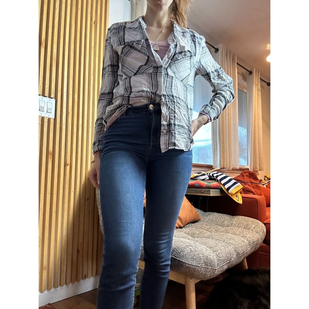 Express Flannel Plaid Button Up Top Gray/White